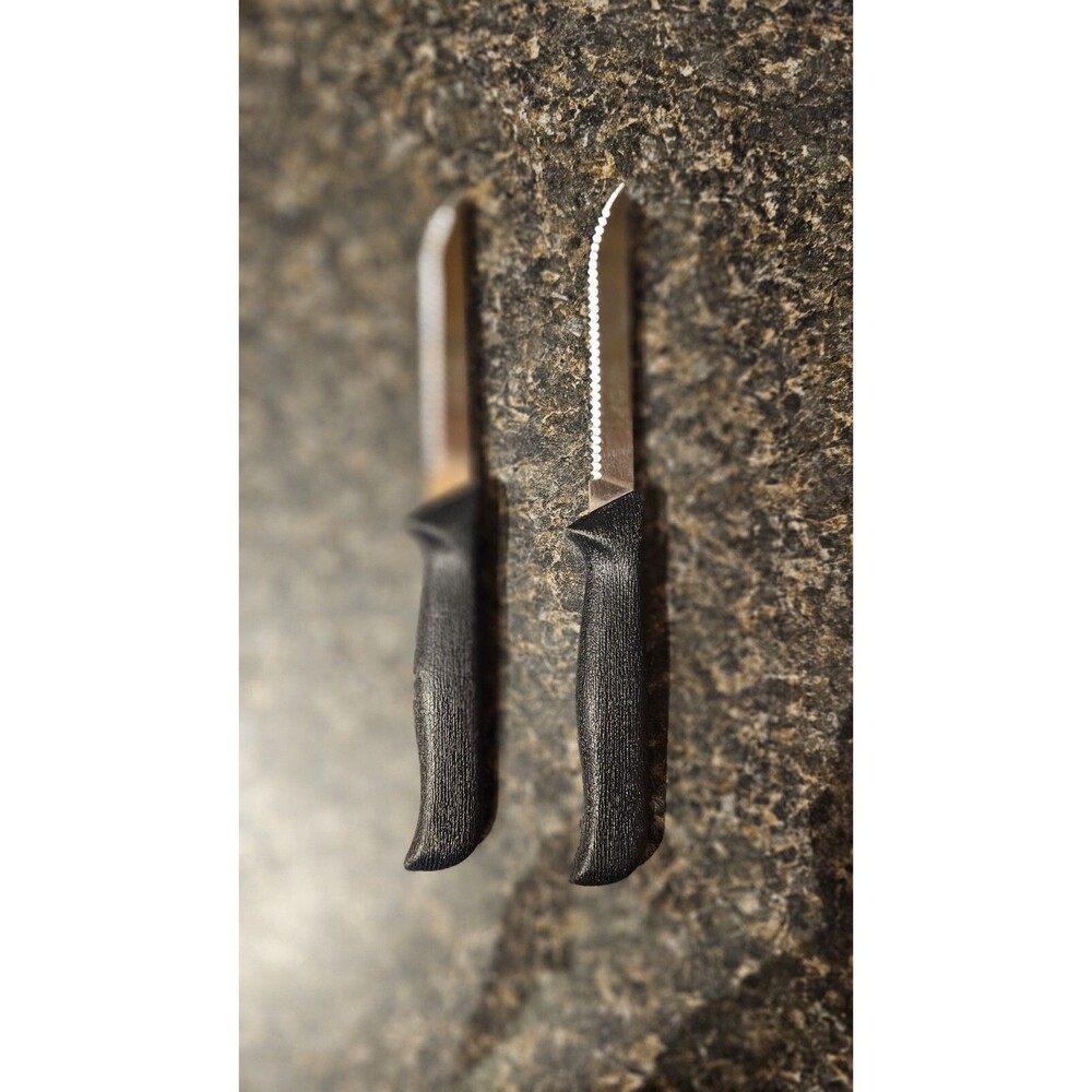 2 Vintage Ginsu Steak Knives Serrated 4" Blade Stainless Black Plastic Handle